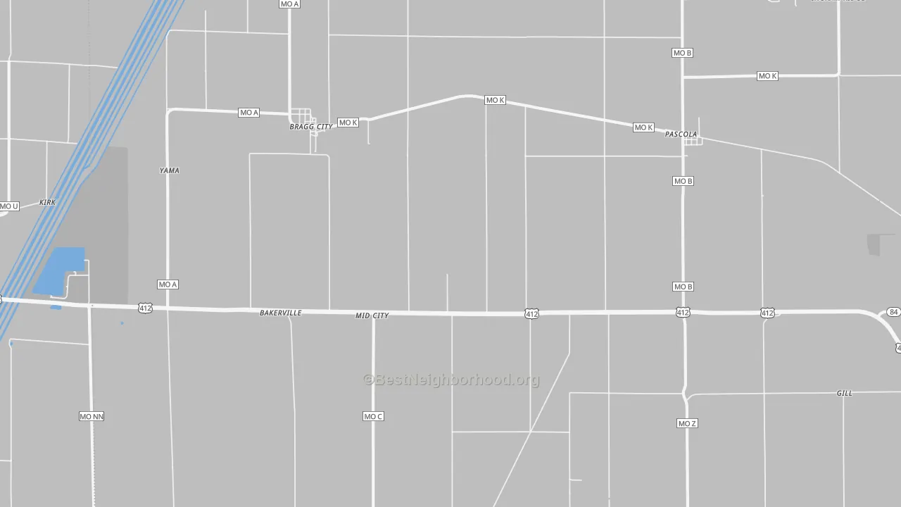 Walk Grade map of 63827, MO, walkable areas in green and car-dependent areas in red