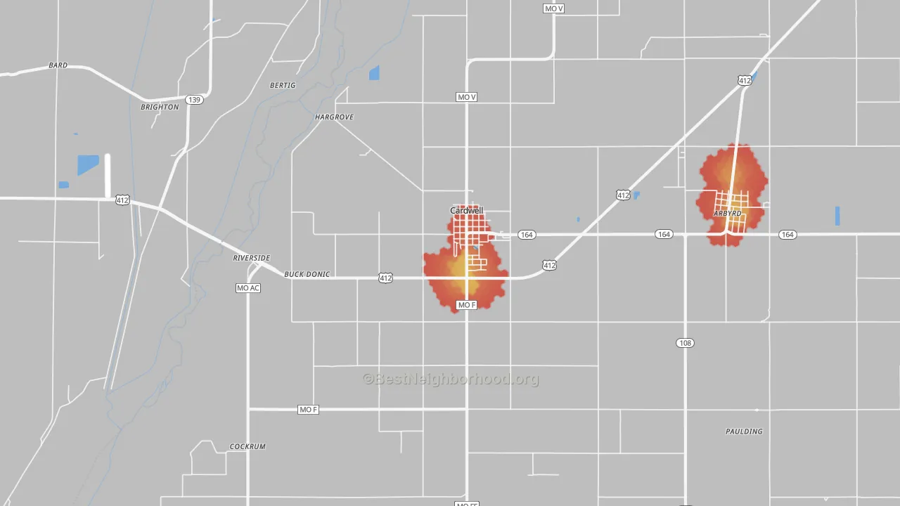 Walk Grade map of 63829, MO, walkable areas in green and car-dependent areas in red