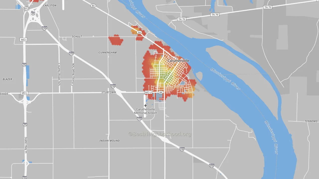 Walk Grade map of 63830, MO, walkable areas in green and car-dependent areas in red