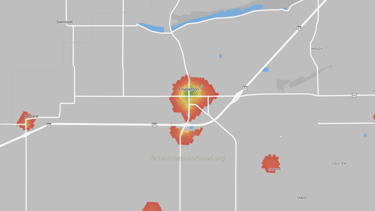 Walk Grade map of 63834, MO, walkable areas in green and car-dependent areas in red