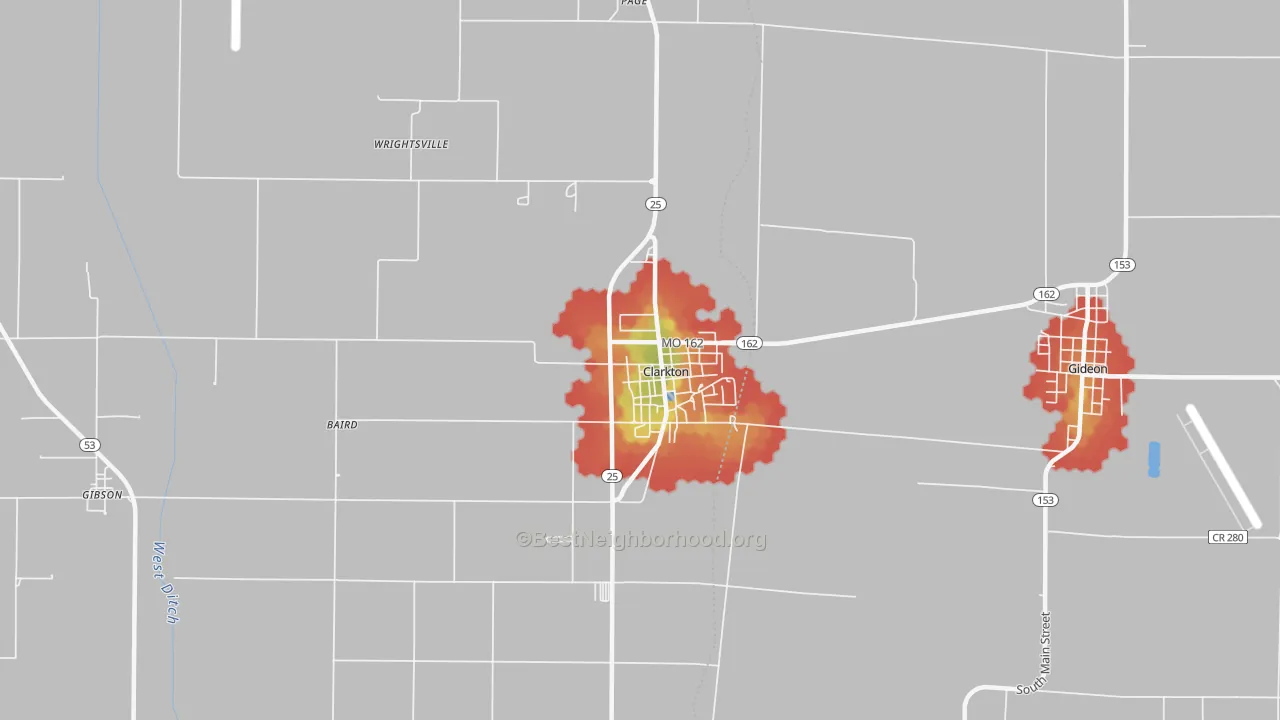 Walk Grade map of 63837, MO, walkable areas in green and car-dependent areas in red