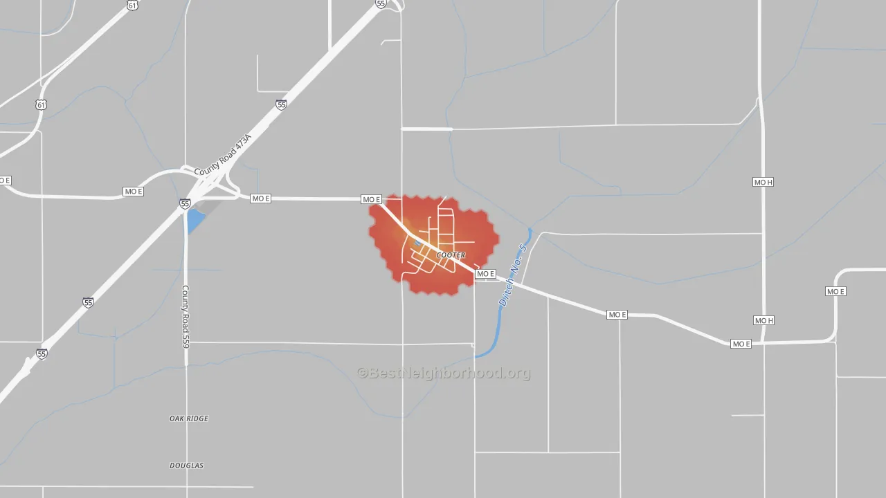 Walk Grade map of 63839, MO, walkable areas in green and car-dependent areas in red