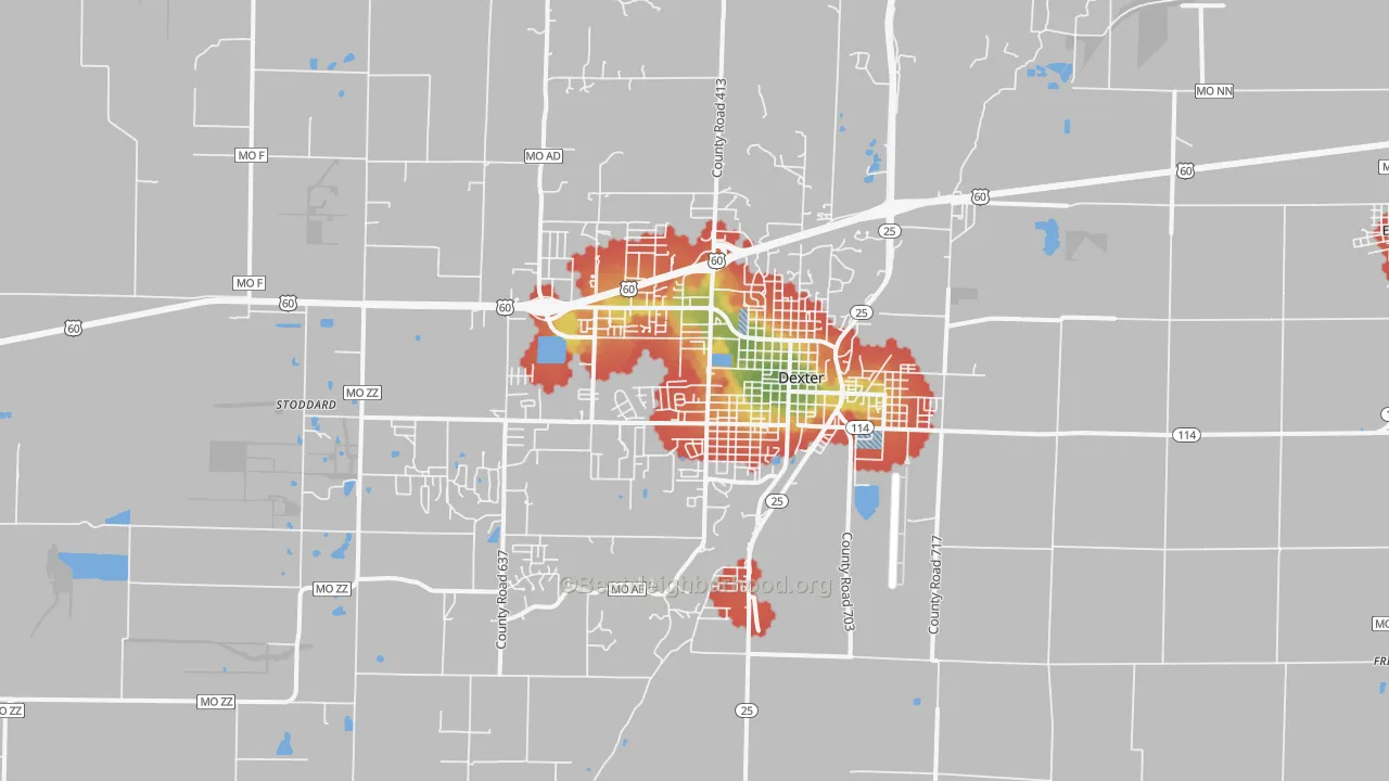 Walk Grade map of 63841, MO, walkable areas in green and car-dependent areas in red