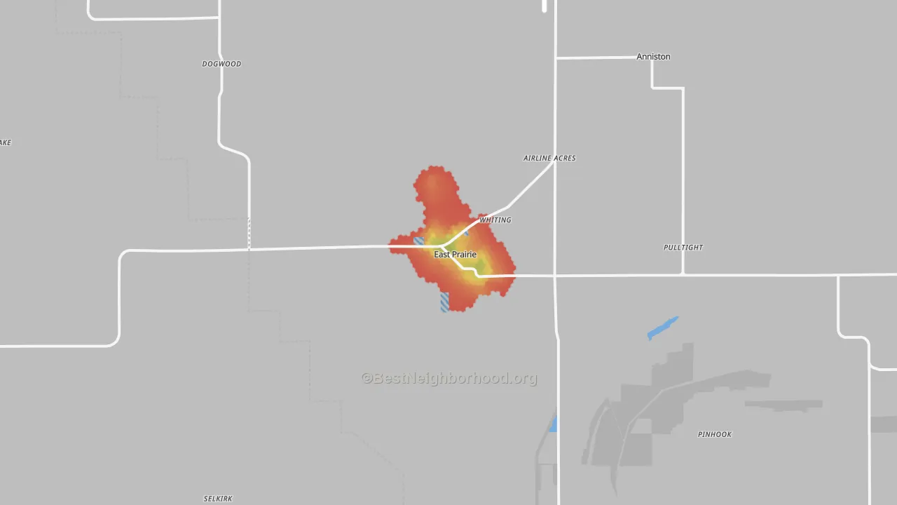 Walk Grade map of 63845, MO, walkable areas in green and car-dependent areas in red