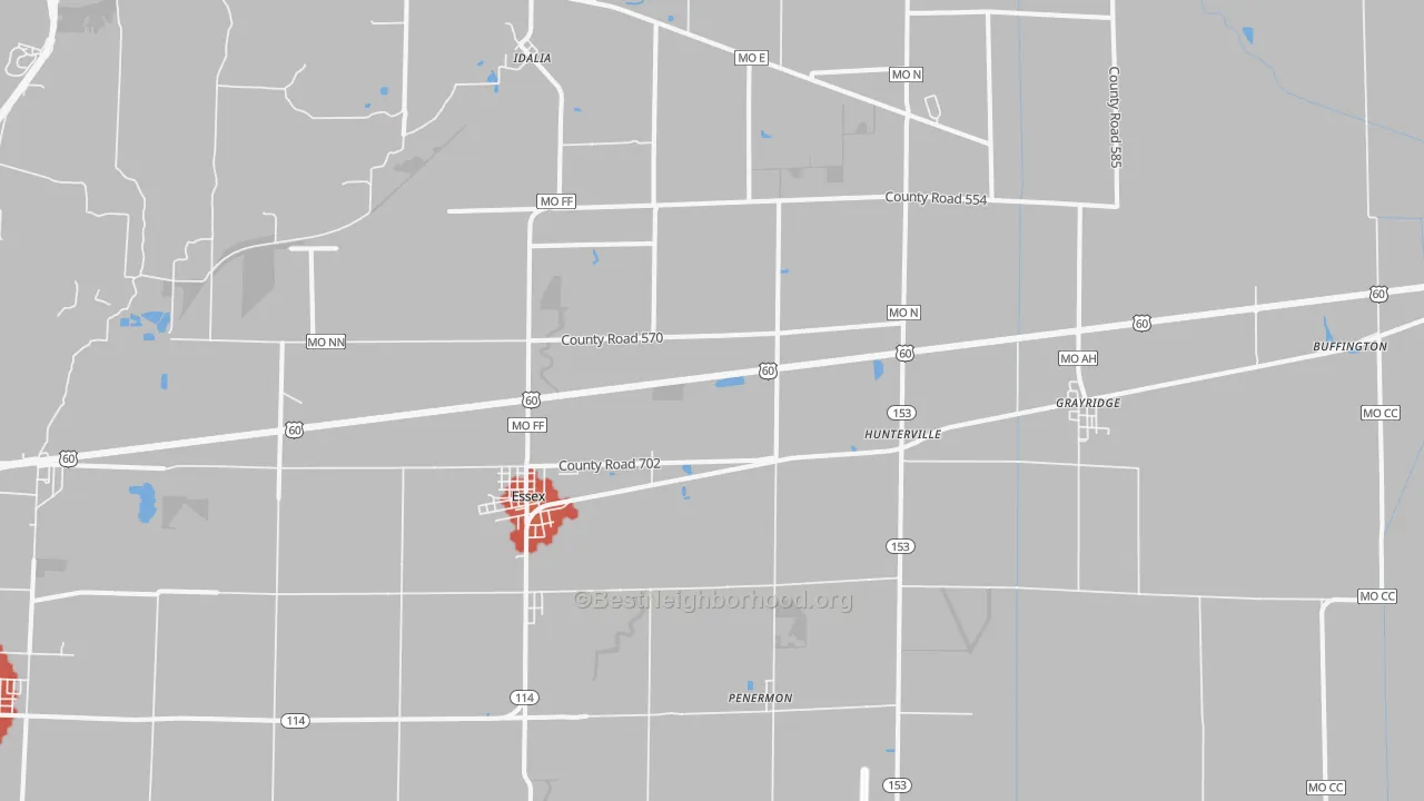 Walk Grade map of 63846, MO, walkable areas in green and car-dependent areas in red