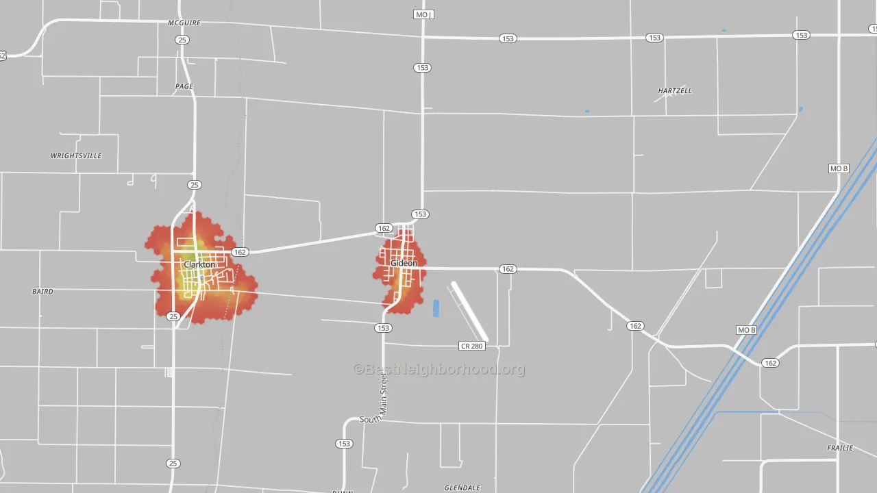 Walk Grade map of 63848, MO, walkable areas in green and car-dependent areas in red