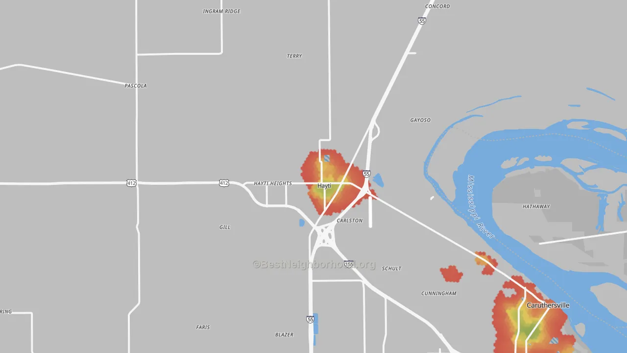 Walk Grade map of 63851, MO, walkable areas in green and car-dependent areas in red