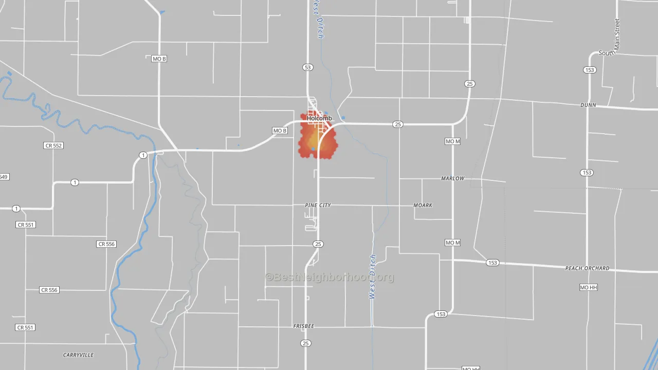 Walk Grade map of 63852, MO, walkable areas in green and car-dependent areas in red