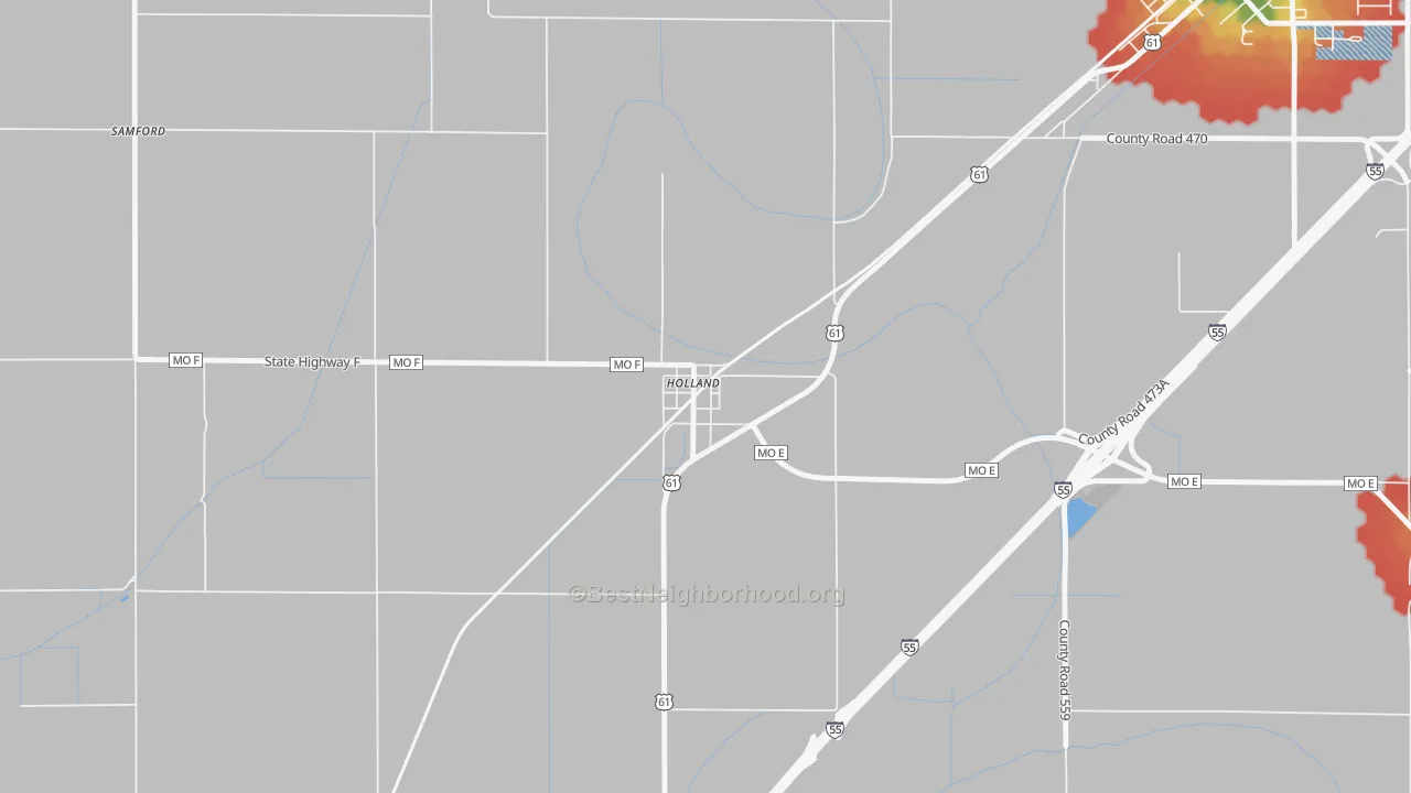 Walk Grade map of 63853, MO, walkable areas in green and car-dependent areas in red