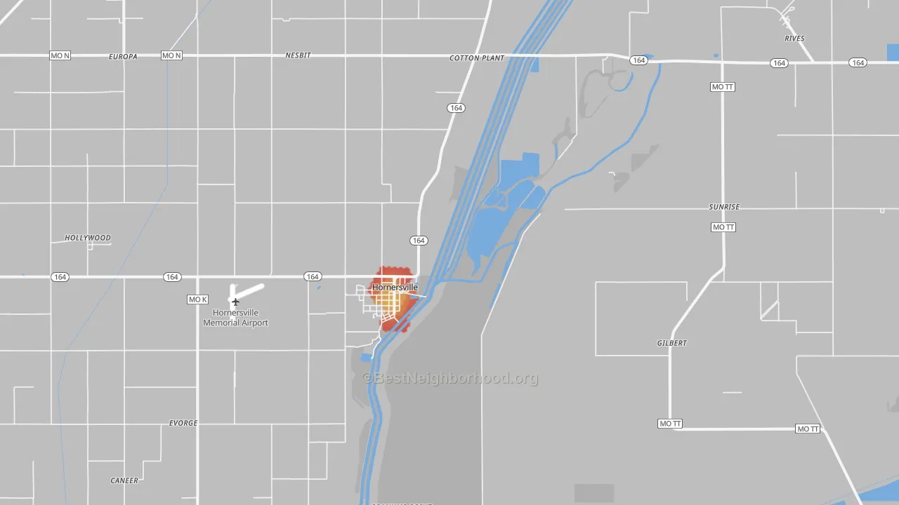 Walk Grade map of 63855, MO, walkable areas in green and car-dependent areas in red