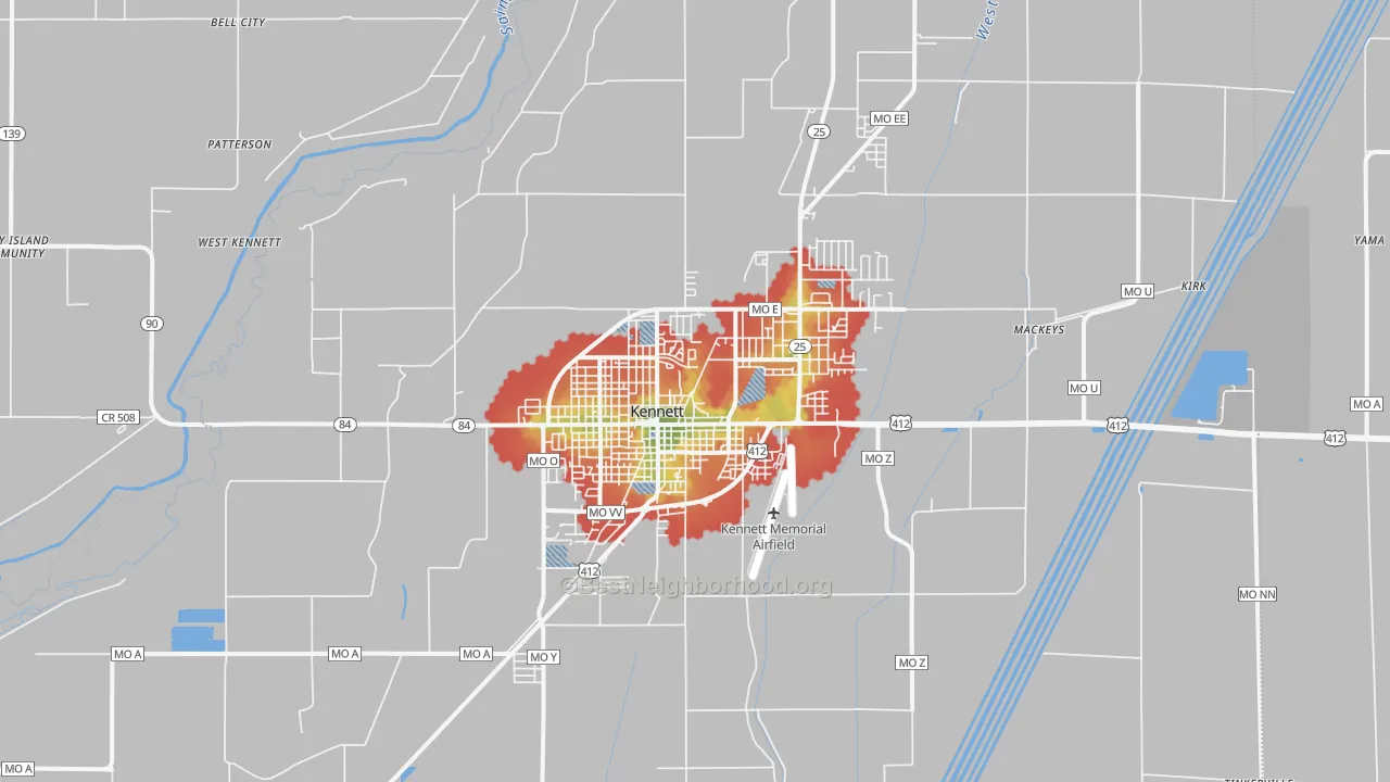 Walk Grade map of 63857, MO, walkable areas in green and car-dependent areas in red
