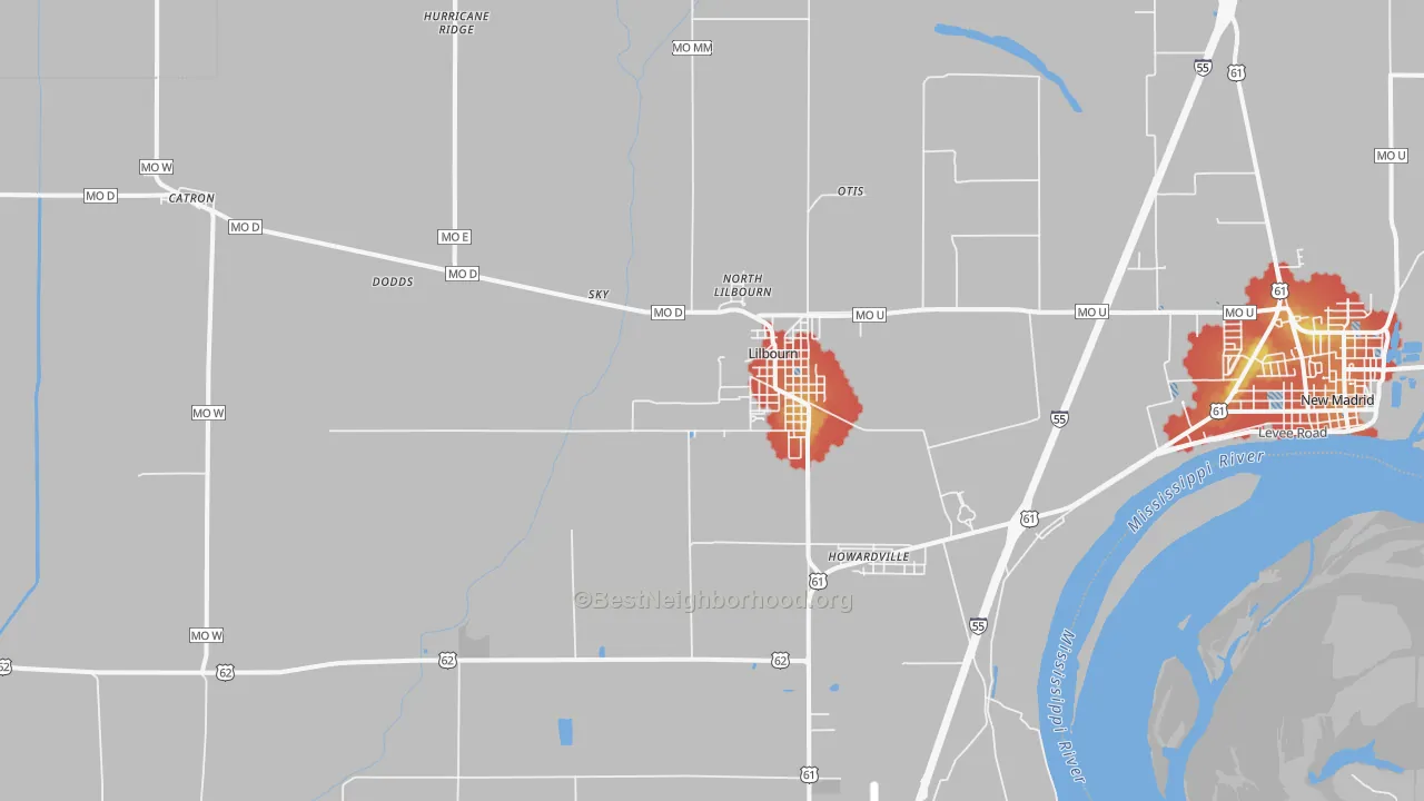 Walk Grade map of 63862, MO, walkable areas in green and car-dependent areas in red