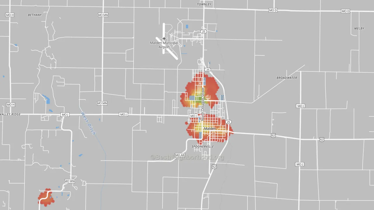 Walk Grade map of 63863, MO, walkable areas in green and car-dependent areas in red