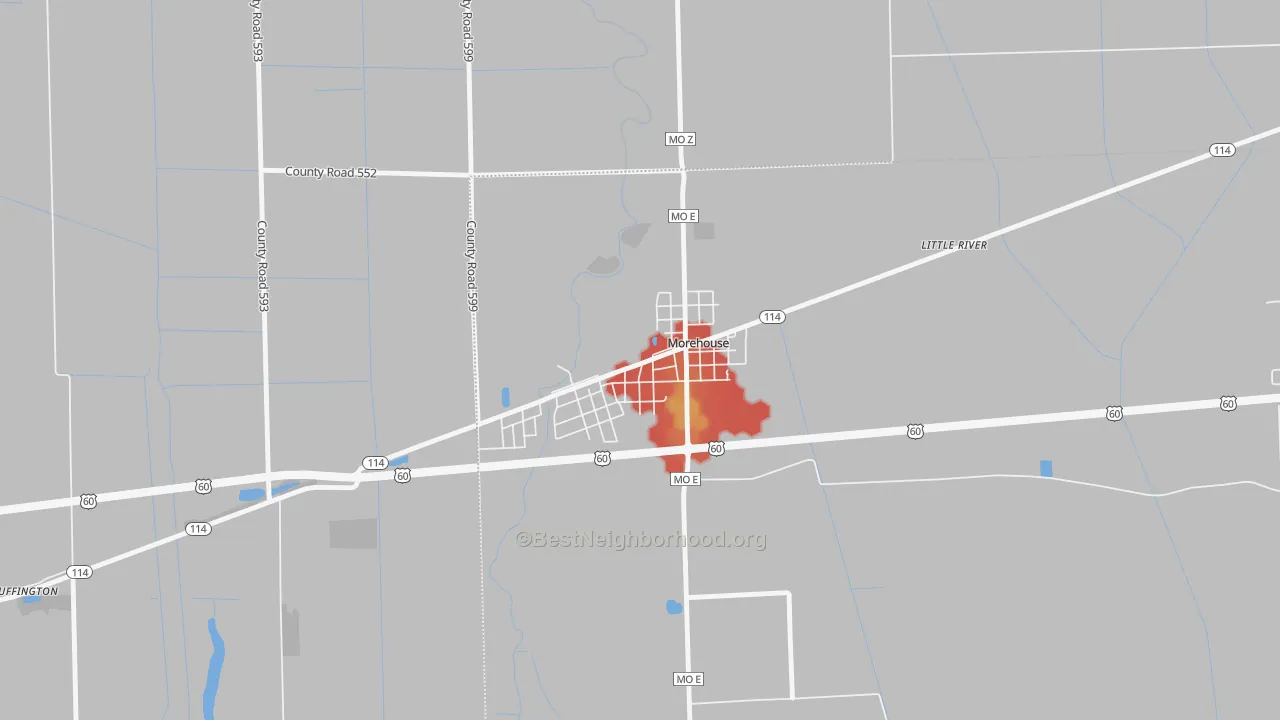 Walk Grade map of 63868, MO, walkable areas in green and car-dependent areas in red