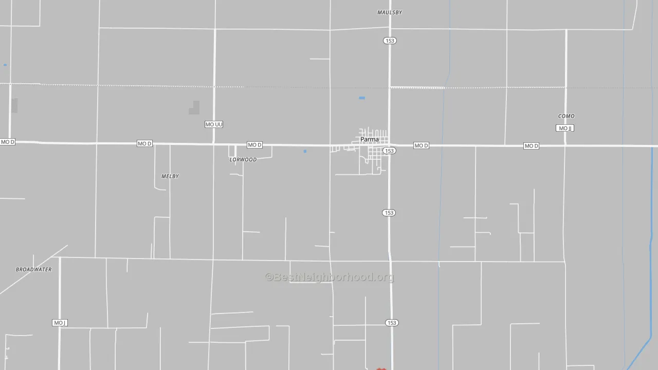 Walk Grade map of 63870, MO, walkable areas in green and car-dependent areas in red
