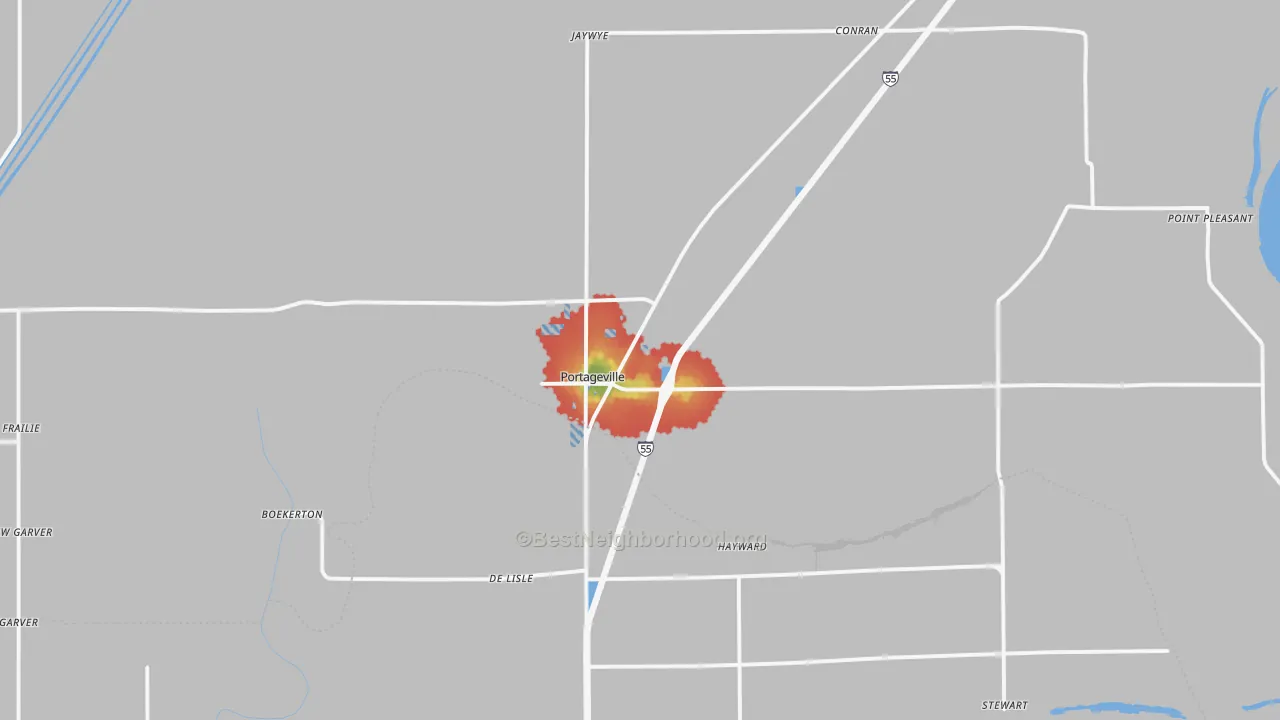Walk Grade map of 63873, MO, walkable areas in green and car-dependent areas in red