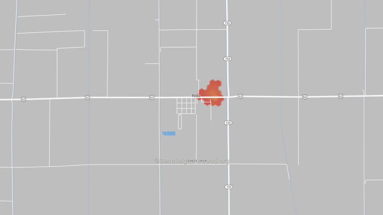 Walk Grade map of 63874, MO, walkable areas in green and car-dependent areas in red