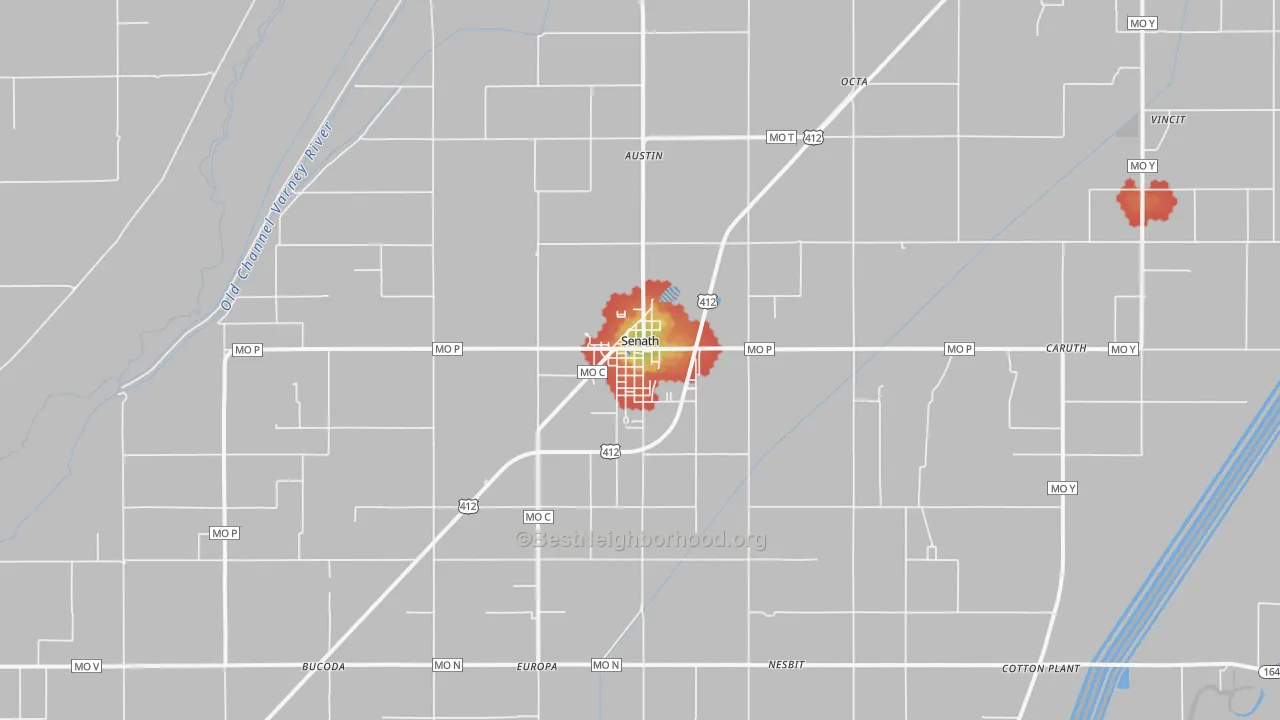 Walk Grade map of 63876, MO, walkable areas in green and car-dependent areas in red