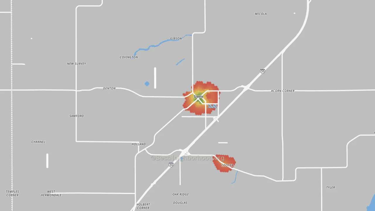 Walk Grade map of 63877, MO, walkable areas in green and car-dependent areas in red