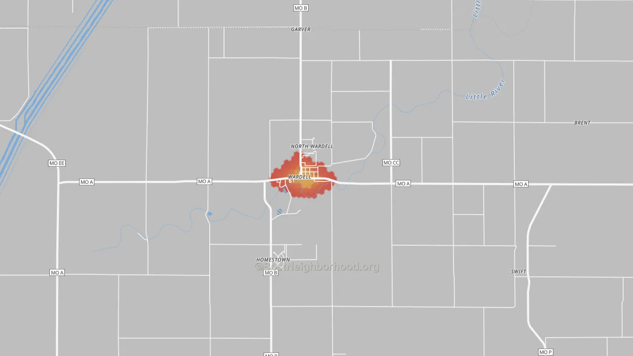 Walk Grade map of 63879, MO, walkable areas in green and car-dependent areas in red