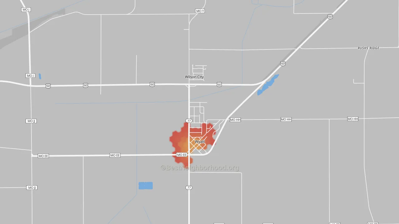Walk Grade map of 63882, MO, walkable areas in green and car-dependent areas in red