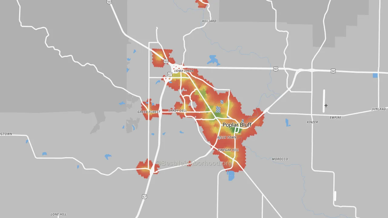 Walk Grade map of 63901, MO, walkable areas in green and car-dependent areas in red