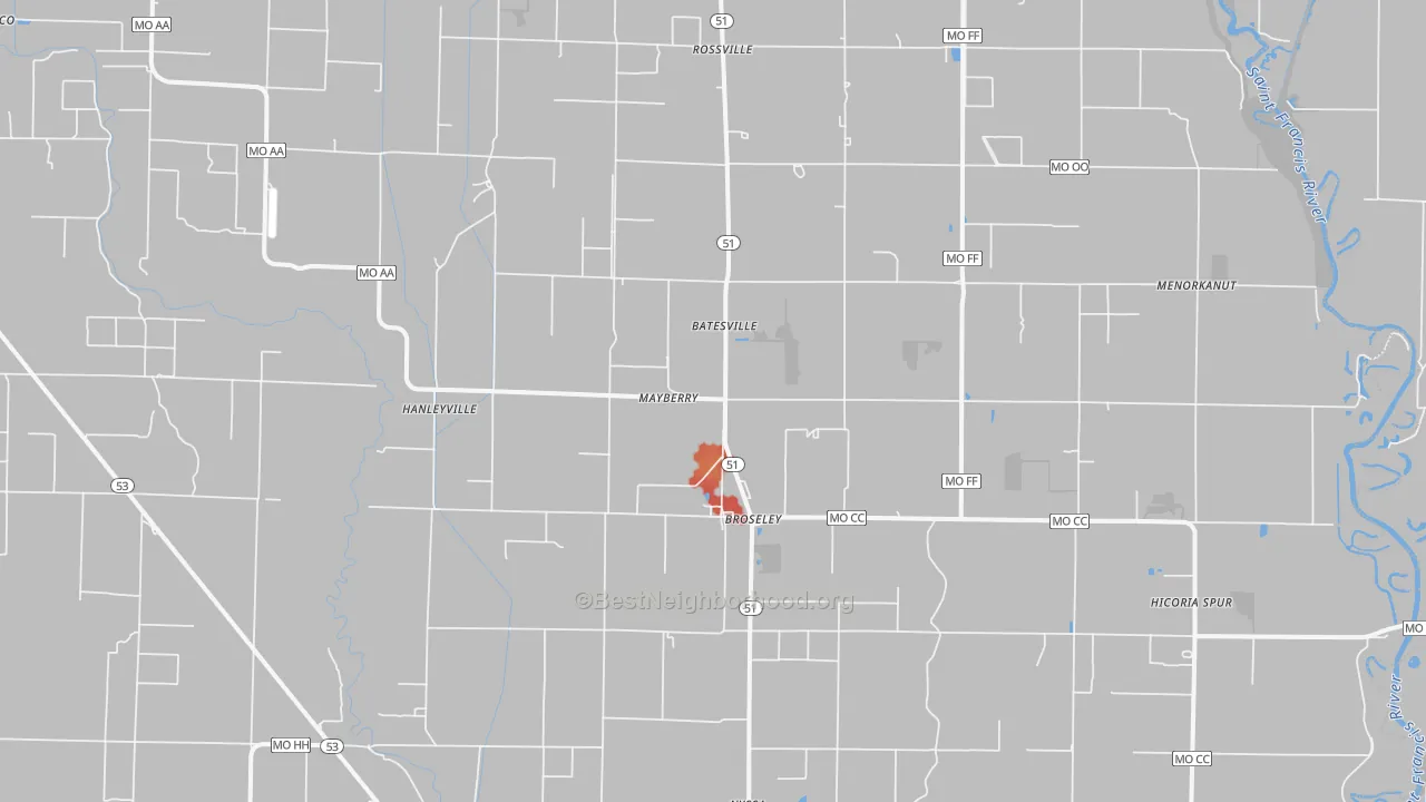 Walk Grade map of 63932, MO, walkable areas in green and car-dependent areas in red