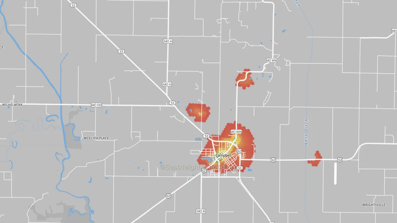 Walk Grade map of 63933, MO, walkable areas in green and car-dependent areas in red