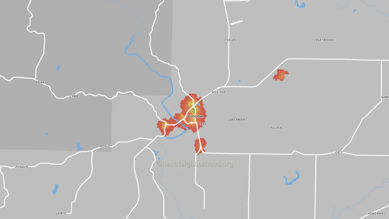 Walk Grade map of 63935, MO, walkable areas in green and car-dependent areas in red