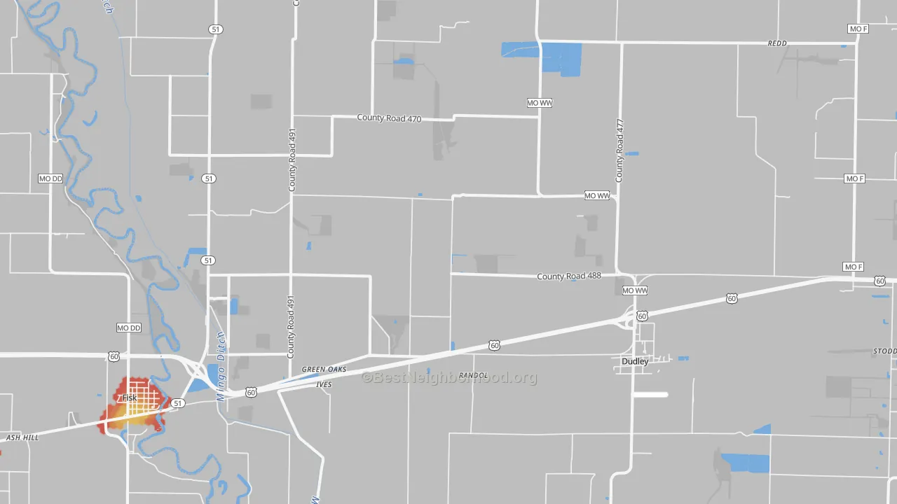 Walk Grade map of 63936, MO, walkable areas in green and car-dependent areas in red