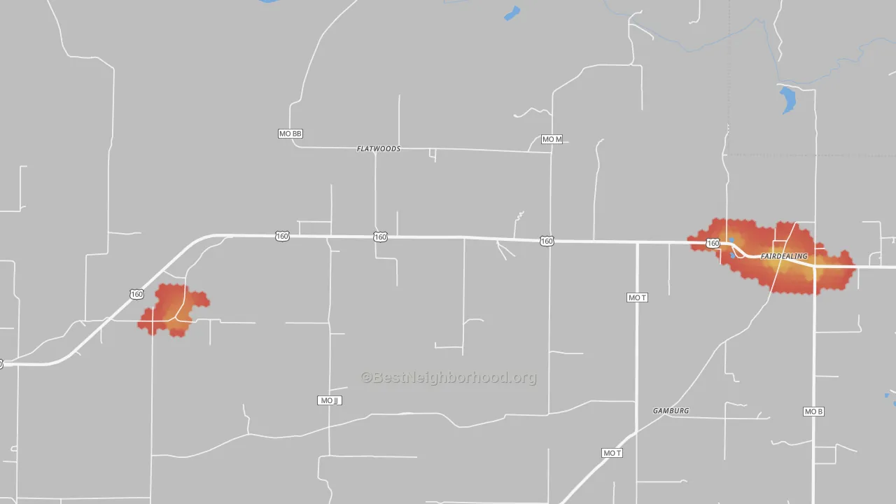 Walk Grade map of 63939, MO, walkable areas in green and car-dependent areas in red