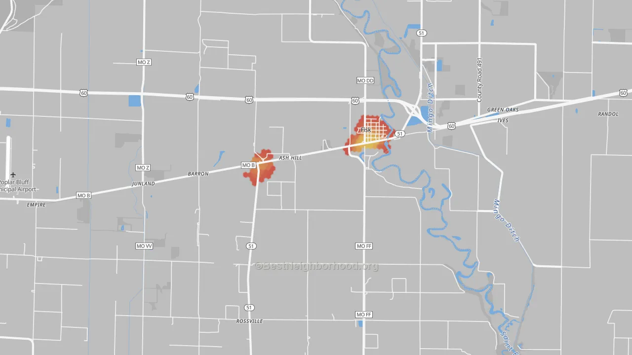 Walk Grade map of 63940, MO, walkable areas in green and car-dependent areas in red