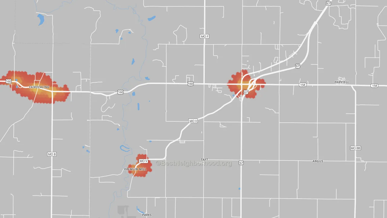 Walk Grade map of 63945, MO, walkable areas in green and car-dependent areas in red