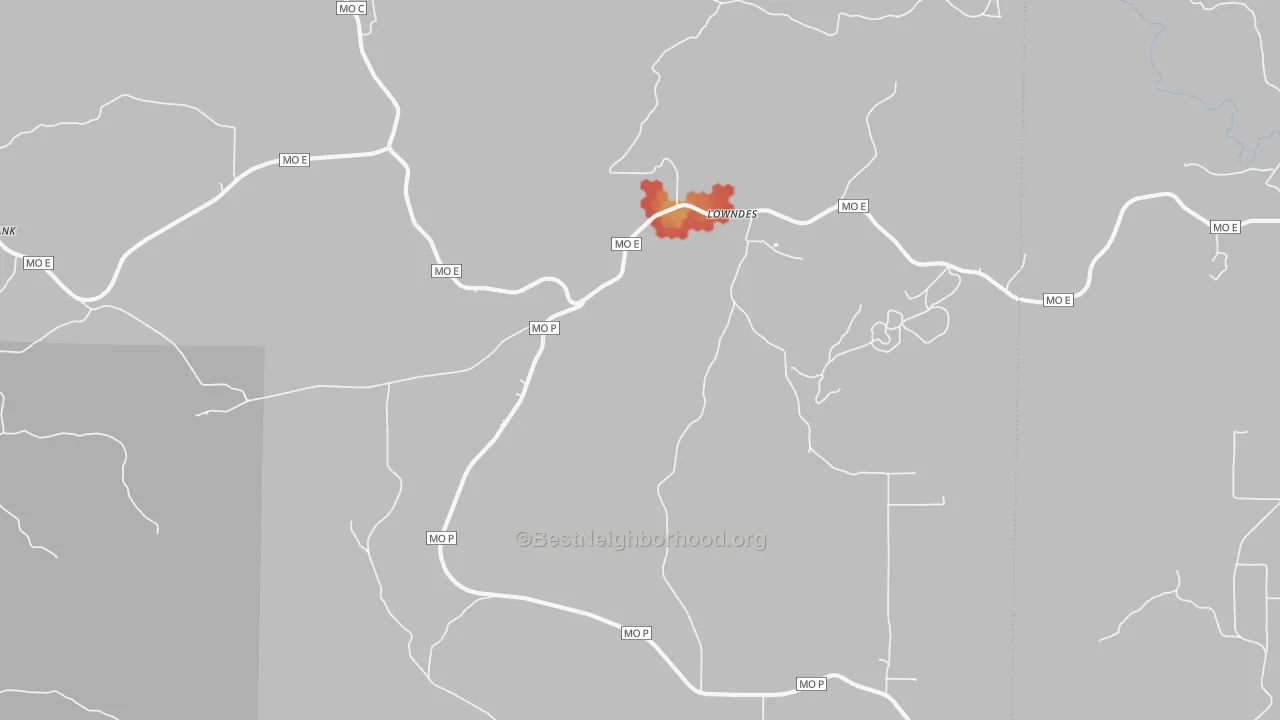 Walk Grade map of 63951, MO, walkable areas in green and car-dependent areas in red