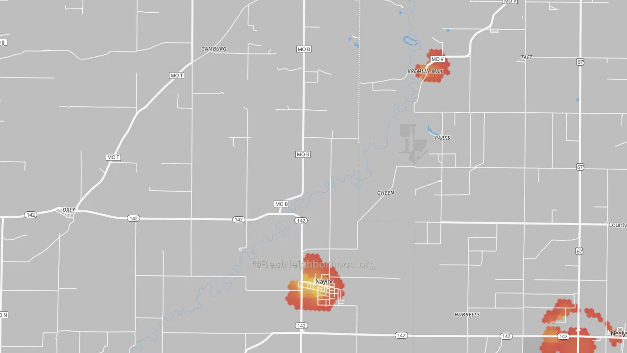 Walk Grade map of 63953, MO, walkable areas in green and car-dependent areas in red