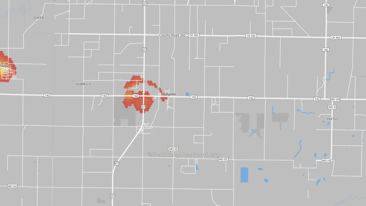 Walk Grade map of 63954, MO, walkable areas in green and car-dependent areas in red