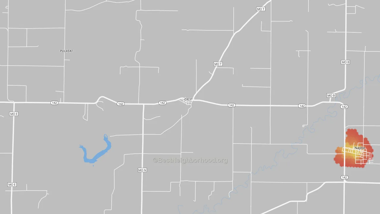 Walk Grade map of 63955, MO, walkable areas in green and car-dependent areas in red