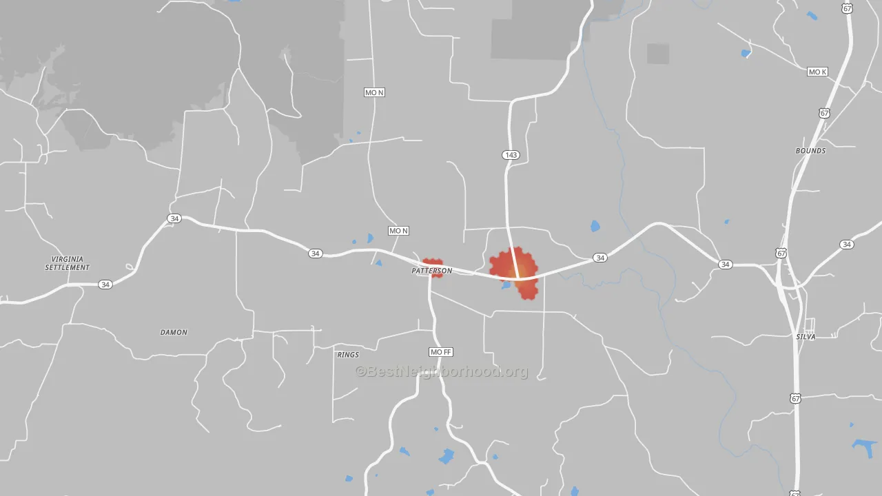 Walk Grade map of 63956, MO, walkable areas in green and car-dependent areas in red