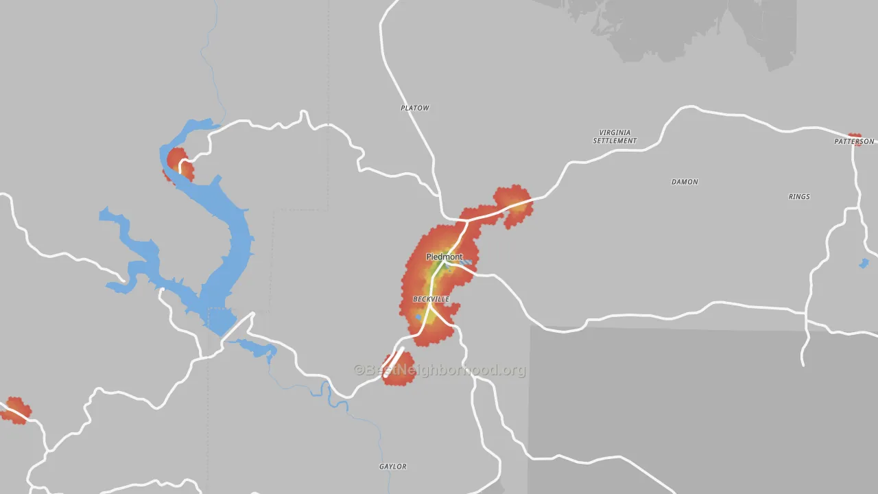 Walk Grade map of 63957, MO, walkable areas in green and car-dependent areas in red