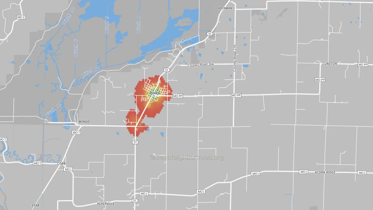 Walk Grade map of 63960, MO, walkable areas in green and car-dependent areas in red