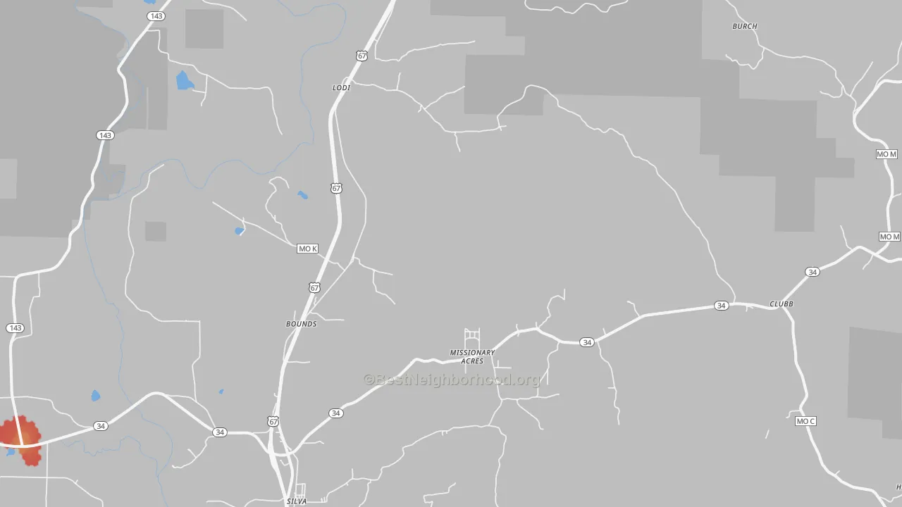 Walk Grade map of 63964, MO, walkable areas in green and car-dependent areas in red