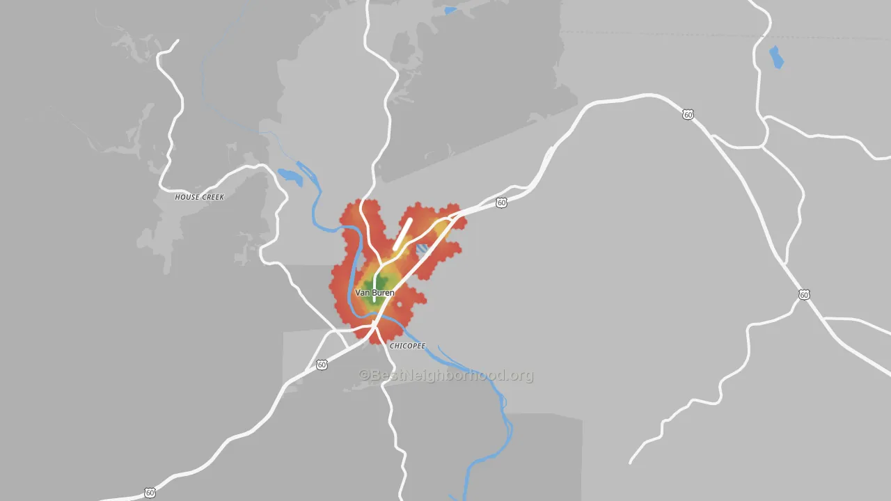 Walk Grade map of 63965, MO, walkable areas in green and car-dependent areas in red