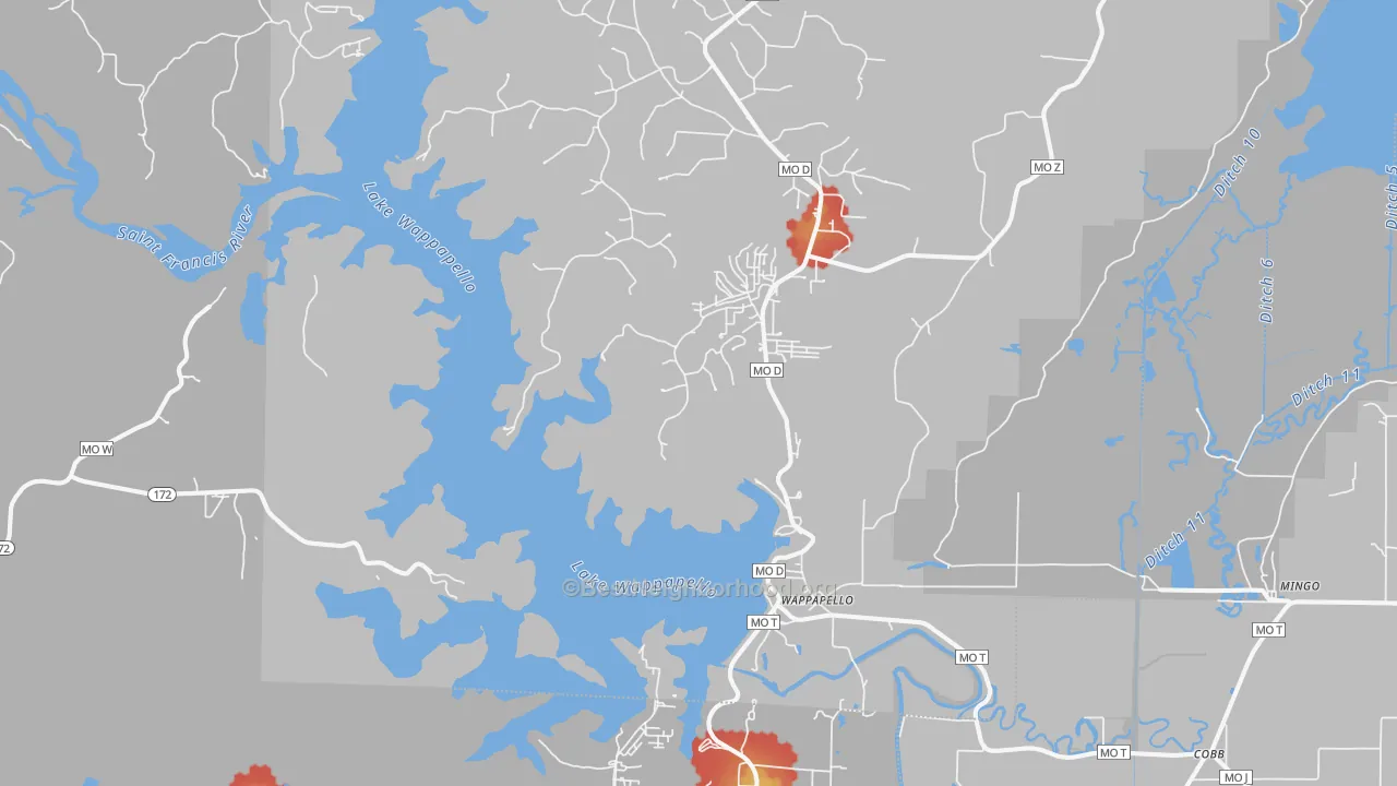 Walk Grade map of 63966, MO, walkable areas in green and car-dependent areas in red