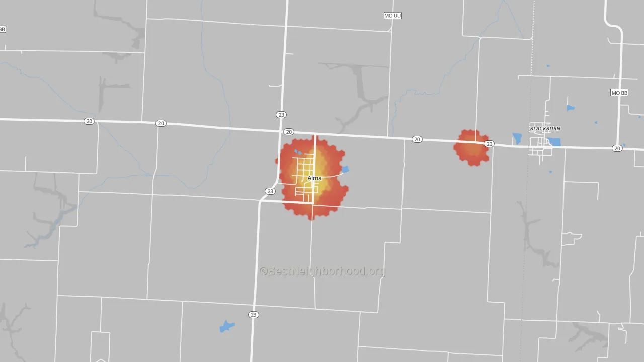 Walk Grade map of 64001, MO, walkable areas in green and car-dependent areas in red