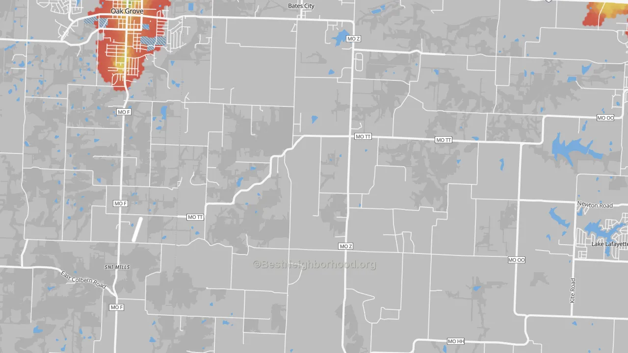 Walk Grade map of 64011, MO, walkable areas in green and car-dependent areas in red