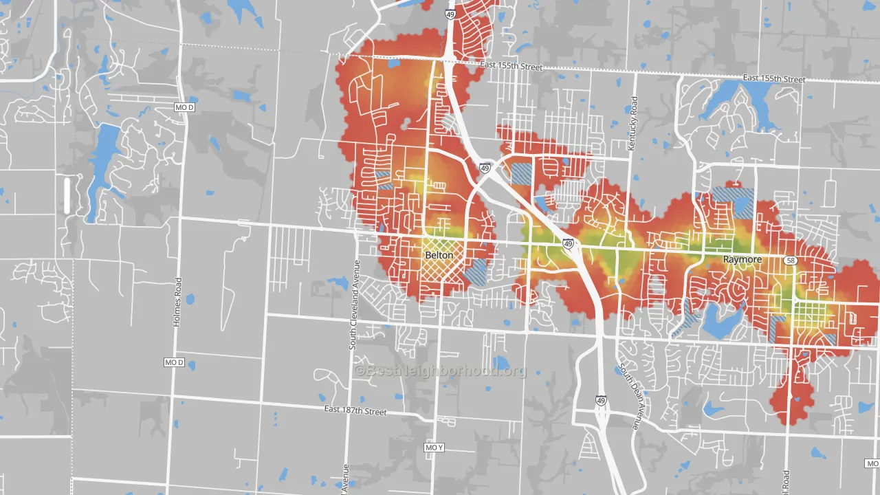 Walk Grade map of 64012, MO, walkable areas in green and car-dependent areas in red