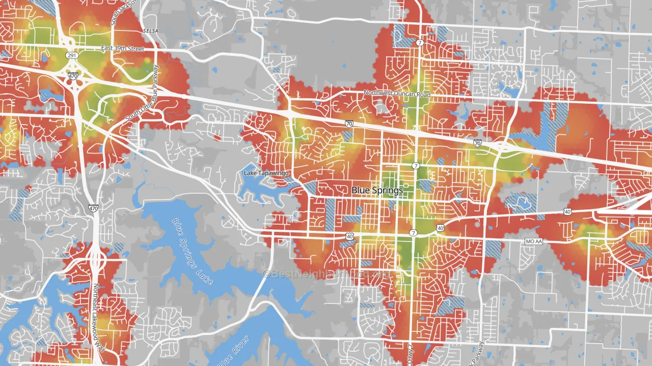Walk Grade map of 64015, MO, walkable areas in green and car-dependent areas in red