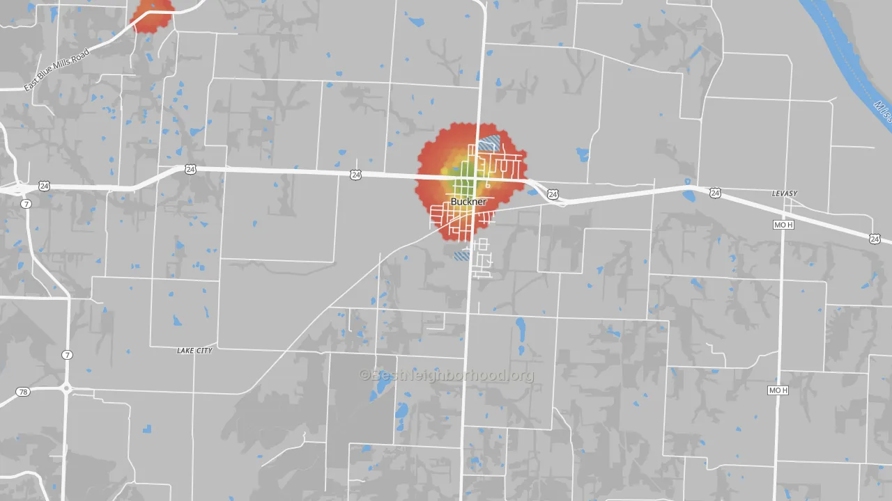 Walk Grade map of 64016, MO, walkable areas in green and car-dependent areas in red