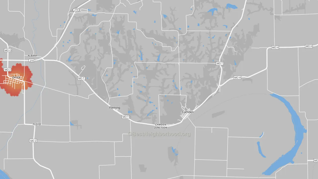 Walk Grade map of 64017, MO, walkable areas in green and car-dependent areas in red