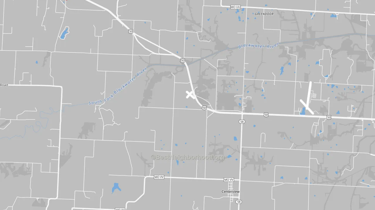 Walk Grade map of 64019, MO, walkable areas in green and car-dependent areas in red